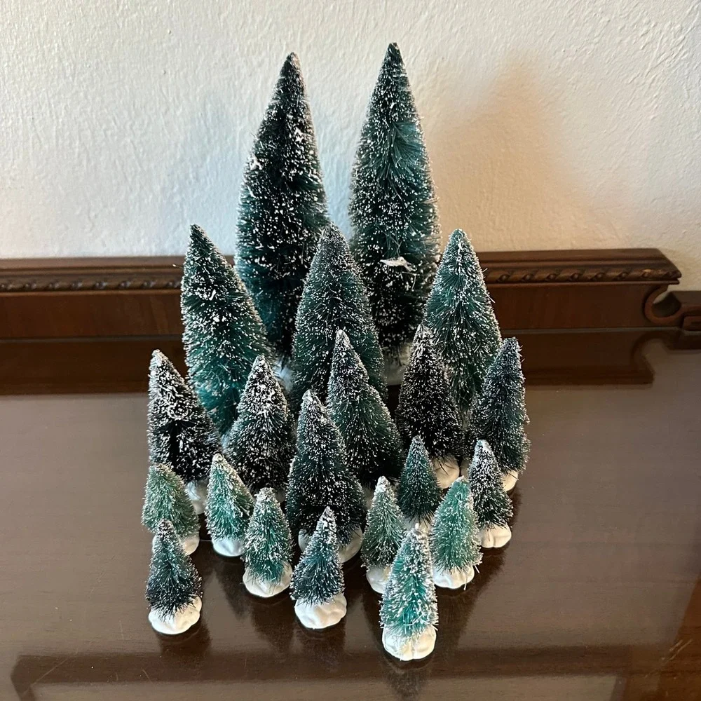 Lemax Village Collection Frosted Bristle Trees Mixed Lot Green Snow Flocked 21pc